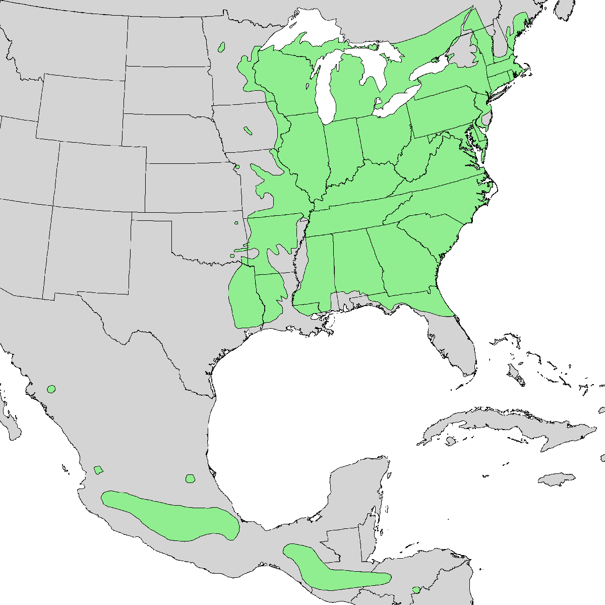 Map showing the native range of American hornbeam in the United States.