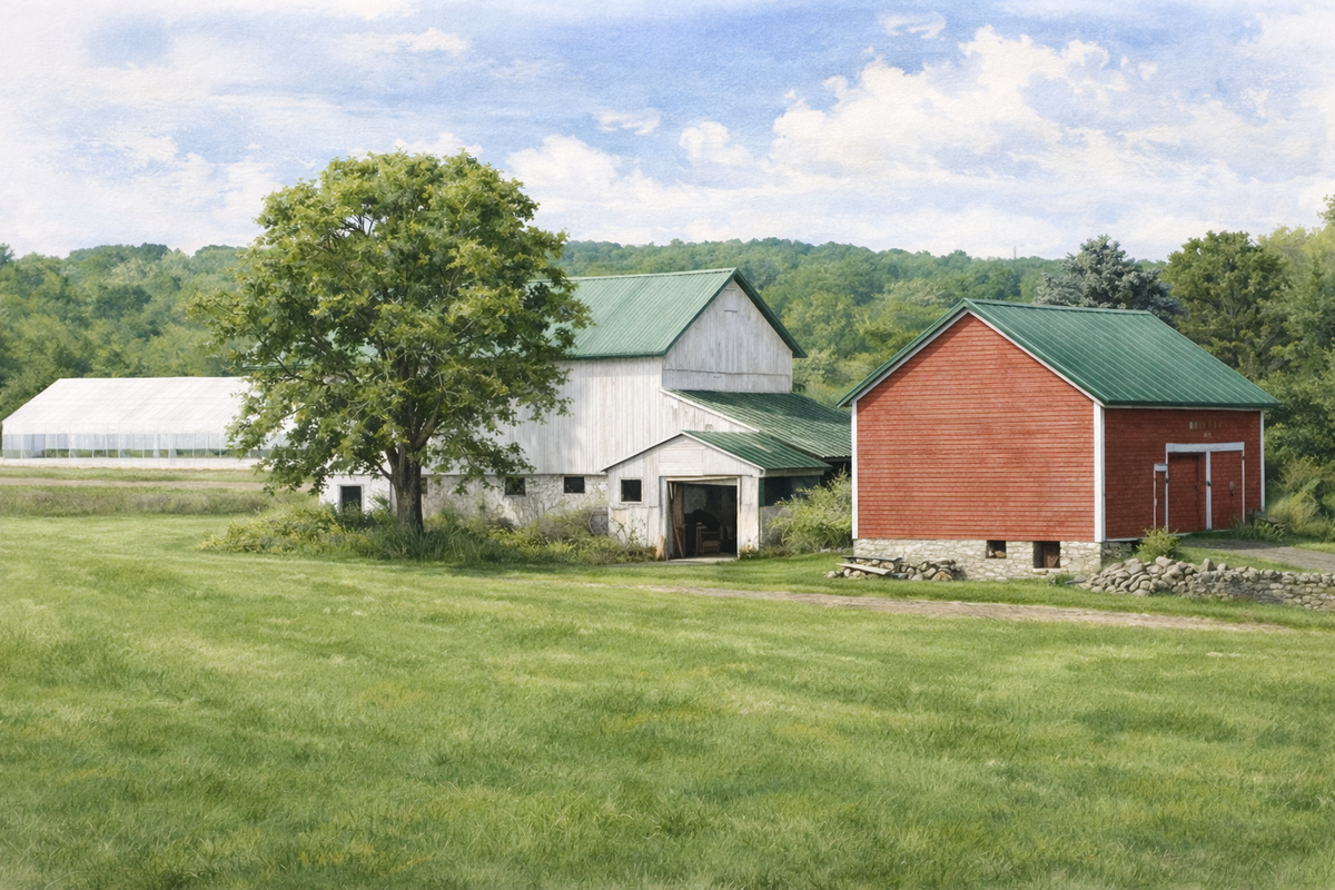 Rendering showing the planned Brookside Community Environmental Education Center buildings in the Brookside landscape.
